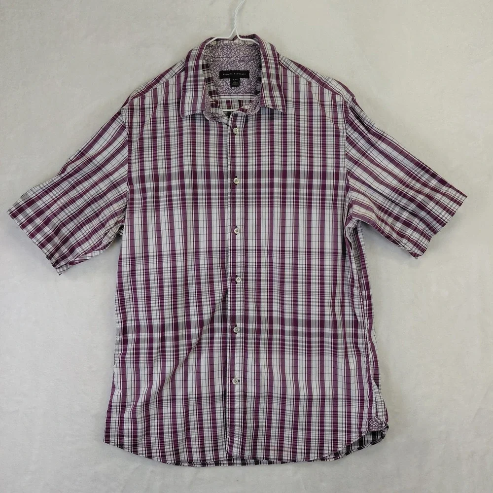 Banana Republic Mens Large Purple Plaid Short Sleeve Button Down Shirt 16-16.5